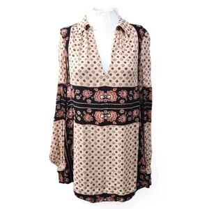 Free People Changing Times Printed Blouse Tan Brown Size XS Boho Peasant